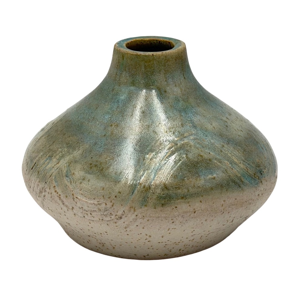 Studio Pottery Bud Vase Teal Green Speckledโ Cream Signed Heart Artisan Ceramic